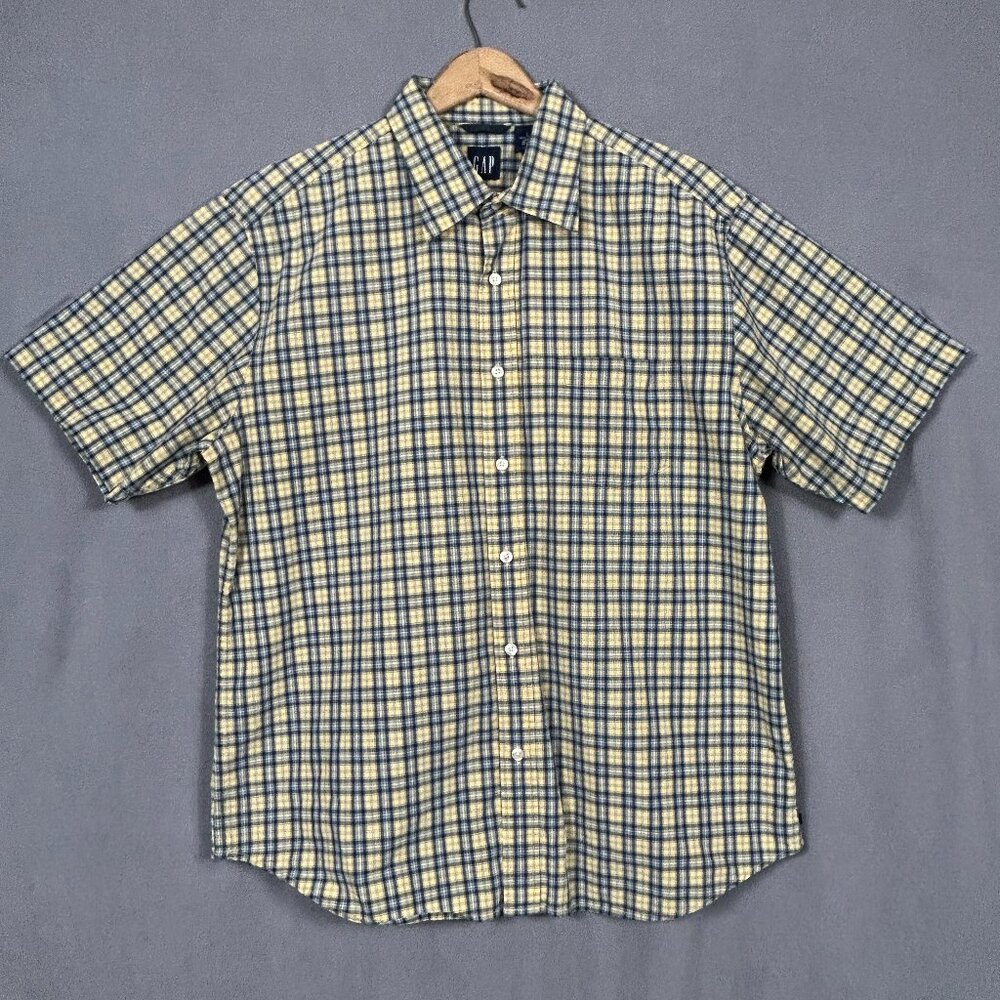 Gap Shirt Men's Large Yellow Blue Plaid Short Sleeve Button Up Casual Cotton